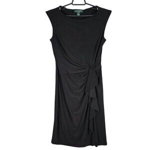Womens Lauren Ralph Lauren Black Sleeveless Dress Side Ruffle Polyester Size 8